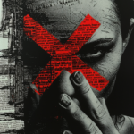 Close-up of a face partially obscured by a red "X" and bold graphic elements, with a monochrome background symbolizing defiance and resistance.