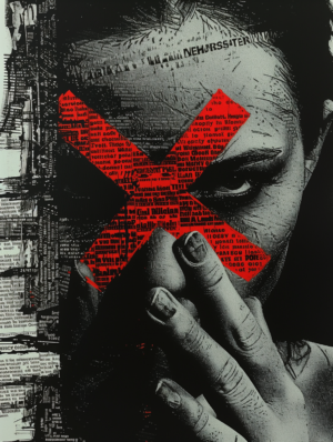 Close-up of a face partially obscured by a red "X" and bold graphic elements, with a monochrome background symbolizing defiance and resistance.