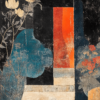 An abstract artwork with deep blues, vibrant reds, and delicate floral elements, symbolizing the balance between structure and spontaneity, evoking emotion through harmonious colors and forms.