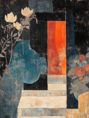 An abstract artwork with deep blues, vibrant reds, and delicate floral elements, symbolizing the balance between structure and spontaneity, evoking emotion through harmonious colors and forms.
