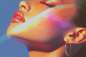 A close-up profile with bold, radiant hues highlighting the face’s contours, creating depth, allure, and confidence.