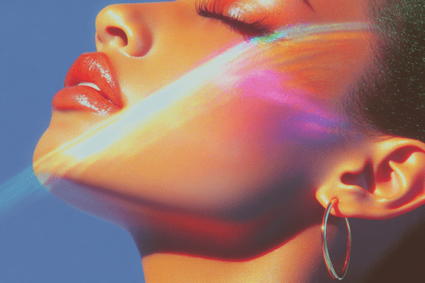A close-up profile with bold, radiant hues highlighting the face’s contours, creating depth, allure, and confidence.