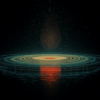 A glowing orb surrounded by concentric rings of shimmering light is reflected in water below, with vibrant reds and blues creating a cosmic atmosphere, enhanced by scattered particles suggesting energy and movement.