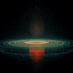 A glowing orb surrounded by concentric rings of shimmering light is reflected in water below, with vibrant reds and blues creating a cosmic atmosphere, enhanced by scattered particles suggesting energy and movement.