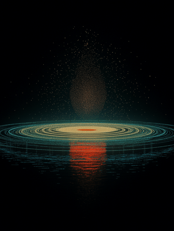 A glowing orb surrounded by concentric rings of shimmering light is reflected in water below, with vibrant reds and blues creating a cosmic atmosphere, enhanced by scattered particles suggesting energy and movement.