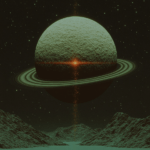 A large planet with prominent rings floats against a starry night sky, glowing softly. The textured mountains and reflective surface below enhance the cosmic depth, with muted greens and soft highlights adding to the otherworldly feel.