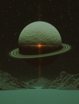 A large planet with prominent rings floats against a starry night sky, glowing softly. The textured mountains and reflective surface below enhance the cosmic depth, with muted greens and soft highlights adding to the otherworldly feel.
