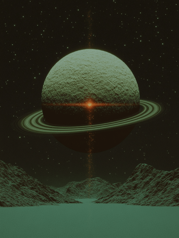 A large planet with prominent rings floats against a starry night sky, glowing softly. The textured mountains and reflective surface below enhance the cosmic depth, with muted greens and soft highlights adding to the otherworldly feel.