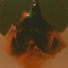 A glowing mountain with vibrant reds and greens contrasts against a dark sky, surrounded by soft clouds, hinting at hidden energy within the peaks.