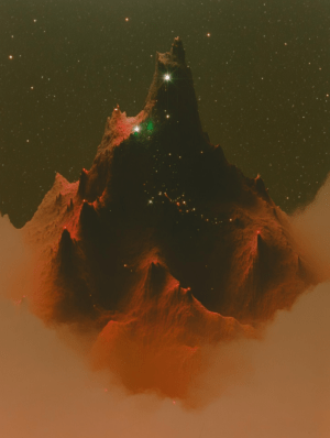 A glowing mountain with vibrant reds and greens contrasts against a dark sky, surrounded by soft clouds, hinting at hidden energy within the peaks.