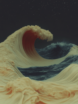 An abstract wave art piece featuring sculptural textures and rich colors that evoke the movement of the ocean, set against a starry sky, symbolizing the interplay between nature's elements and inner emotional currents.