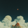Surreal mountains amidst soft clouds with a glowing planet in the sky, symbolizing the balance between Earth and the cosmos, inspiring contemplation of human journeys and aspirations.