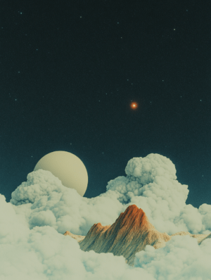 Surreal mountains amidst soft clouds with a glowing planet in the sky, symbolizing the balance between Earth and the cosmos, inspiring contemplation of human journeys and aspirations.