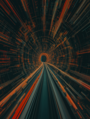 A futuristic tunnel with radiating lines and vibrant colors, evoking motion and speed, capturing the essence of acceleration and exploring themes of time, space, and exploration.