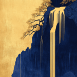 Golden waterfall cascading down a rocky cliff, set against a rich navy background with shimmering gold elements, symbolizing tranquility and the beauty of nature.