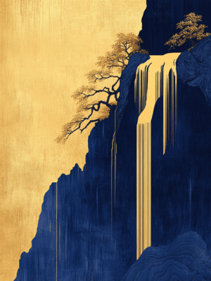 Golden waterfall cascading down a rocky cliff, set against a rich navy background with shimmering gold elements, symbolizing tranquility and the beauty of nature.