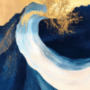 Dynamic wave in motion with rich blues, whites, and shimmering gold, showcasing the power of the ocean and capturing the rhythm and beauty of water.