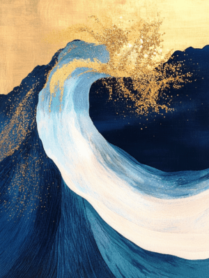 Dynamic wave in motion with rich blues, whites, and shimmering gold, showcasing the power of the ocean and capturing the rhythm and beauty of water.