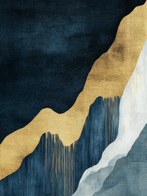 Abstract canvas artwork with deep blues, soft whites, and shimmering golds, featuring smooth curves and lines that evoke a sense of flow and balance, resembling natural landscapes.