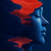 A serene profile blends with vibrant wave-like patterns in deep blues and bright oranges, symbolizing the balance between inner peace and external chaos.