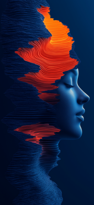 A serene profile blends with vibrant wave-like patterns in deep blues and bright oranges, symbolizing the balance between inner peace and external chaos.