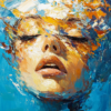 An abstract portrait with a face emerging from dynamic brushstrokes of golden and blue hues, creating a sense of fluidity, serenity, and transformation.
