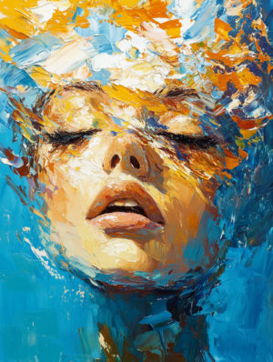 An abstract portrait with a face emerging from dynamic brushstrokes of golden and blue hues, creating a sense of fluidity, serenity, and transformation.