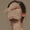 A face partially hidden behind textured paint strokes, with subtle color variations creating depth and movement, conveying the complexities of identity and self.