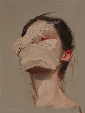 A face partially hidden behind textured paint strokes, with subtle color variations creating depth and movement, conveying the complexities of identity and self.