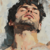 A man with his head tilted back, eyes closed, and lips parted, enveloped in sunlight, his face highlighted by rich, textured brushstrokes, conveying warmth and serenity.