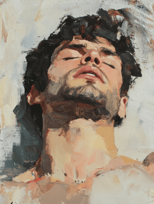A man with his head tilted back, eyes closed, and lips parted, enveloped in sunlight, his face highlighted by rich, textured brushstrokes, conveying warmth and serenity.