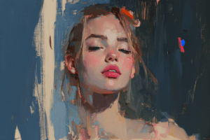 A young woman with eyes gently closed, exuding tranquility and introspection, set against a vivid, colorful backdrop that contrasts with her calm expression.
