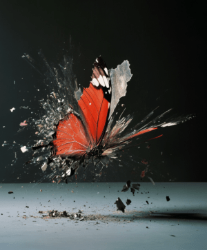 A butterfly bursting through a surface, surrounded by fragments, with vibrant orange and black wings against a dark backdrop, symbolizing transformation and resilience.