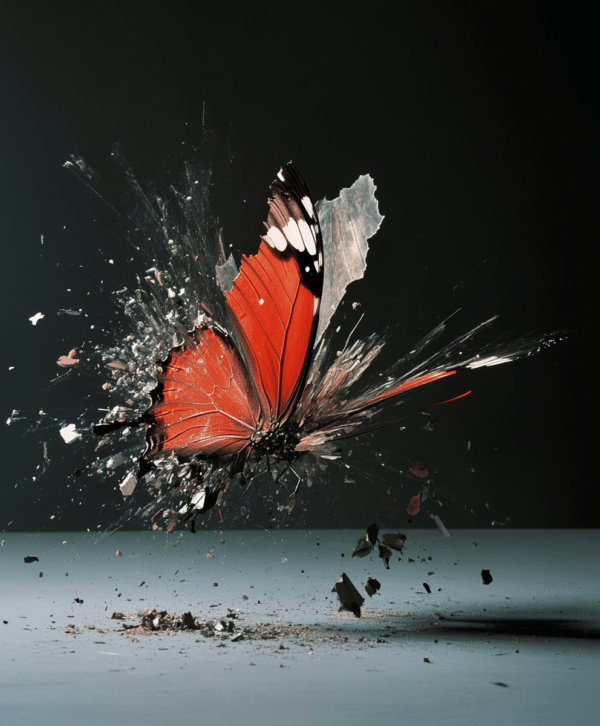 A butterfly bursting through a surface, surrounded by fragments, with vibrant orange and black wings against a dark backdrop, symbolizing transformation and resilience.