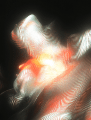 Swirling red and yellow light patterns on a dark background symbolize movement and transformation, inviting reflection on chaos and harmony.