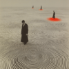 A surreal landscape with concentric circles, dark silhouetted figures, and red spots, symbolizing isolation, journey, and the interconnectedness of human existence.
