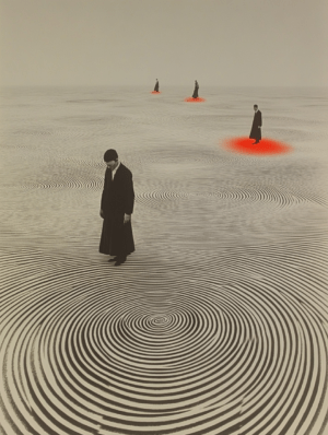 A surreal landscape with concentric circles, dark silhouetted figures, and red spots, symbolizing isolation, journey, and the interconnectedness of human existence.