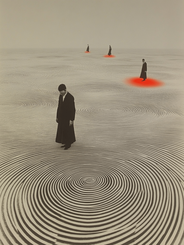 A surreal landscape with concentric circles, dark silhouetted figures, and red spots, symbolizing isolation, journey, and the interconnectedness of human existence.