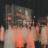 Ethereal figures draped in flowing garments amidst shimmering lights, embodying elegance and mystery, with a dreamlike atmosphere of fashion and technology.