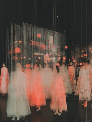 Ethereal figures draped in flowing garments amidst shimmering lights, embodying elegance and mystery, with a dreamlike atmosphere of fashion and technology.