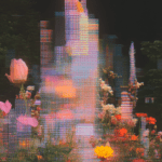Vibrant flowers blooming amidst a pixelated cityscape, symbolizing the collision of nature and digital distortion, creating a dialogue between the organic and artificial.