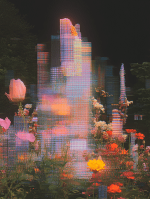 Vibrant flowers blooming amidst a pixelated cityscape, symbolizing the collision of nature and digital distortion, creating a dialogue between the organic and artificial.
