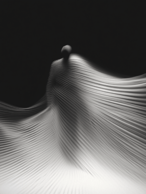 A ghostly figure enveloped in flowing lines, with light and shadow emphasizing its ethereal quality, evoking themes of movement and impermanence.