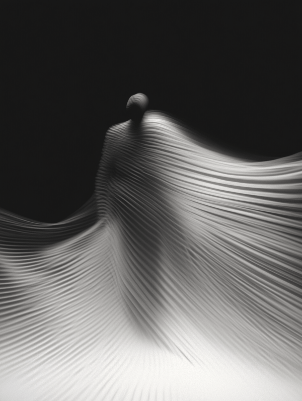 A ghostly figure enveloped in flowing lines, with light and shadow emphasizing its ethereal quality, evoking themes of movement and impermanence.