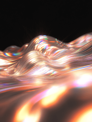 Flowing waves shimmering with iridescent colors, creating a sense of movement and tranquility. The dark background contrasts with the vibrant hues, highlighting the harmony of nature and abstraction.