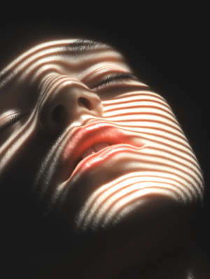 A serene face illuminated by slanted light stripes against a dark background, with rhythmic lines and subtle sheen, evoking calm and contemplation.