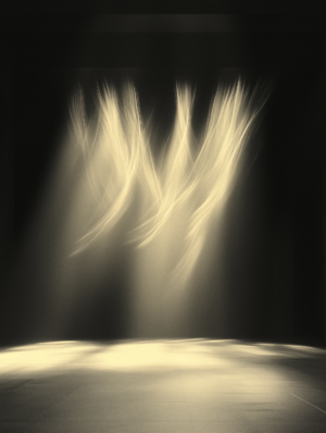 Abstract art with floating ethereal forms in a dim space, illuminated by soft golden beams, evoking tranquility and mystery while inviting introspection on life's fleeting moments.