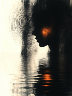 Silhouette of a face against swirling patterns and rippling water, with warm light emanating from within, representing the interplay of thoughts and emotions.