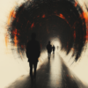 Silhouetted figures walking down a long, swirling tunnel towards a bright light, symbolizing the journey of life and the balance of fear and hope.