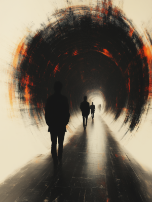 Silhouetted figures walking down a long, swirling tunnel towards a bright light, symbolizing the journey of life and the balance of fear and hope.